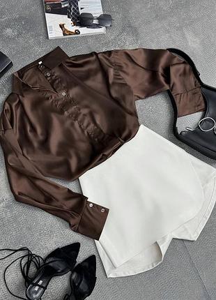 Жіноча сорочка шовкова вільного крою на ґудзиках шоколадна 42-46