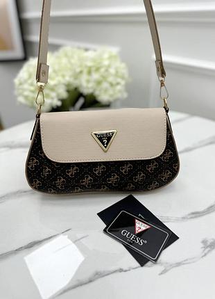 Сумка женская guess багет коричневый с бежевым мини на плечо гесс