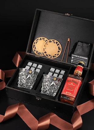 Камни для виски деревянная коробка + бокалы 2 шт. bohemia glacier 350 мл с секцией