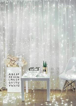 Гирлянда штора водопад 480 led 3х3м холодный белый свет для декора окон новогодняя гирлянда ve-33