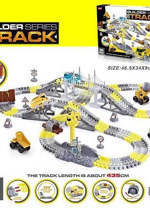 Трек 388 (24/2) из 297 деталей, строительная техника с подсветкой и машинкой на батарейках, с декорациями в