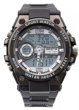 Часы мужские наручные besta sport кварцевые черные спортивные часы для активного отдыха с секундомером и ve-33