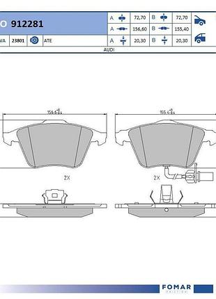 Колодки тормозные дисковые передн audi a6 c6 (4f2) 3.0 2004.04-2011.08 fo 912281