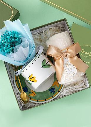 ★➚сувенірний подарунковий набір чашка з блюдцем ложка рушник букет гіпсофіли lesko блакитний для подарунка dm-11