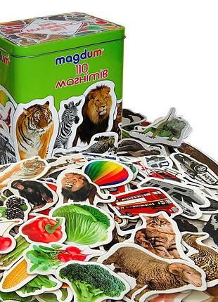 Набор магнитов для развития ml4031-63 en (16) "magdum", 110 элементов с животными, транспортом и фруктами в