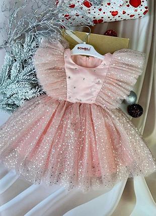 Нарядное розовое платье с фатином и бантом, размер 110-116, 4-5 лет