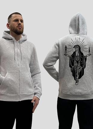 Мужской зип-худи на флисе с принтом дева мария с минами в руках, серый m