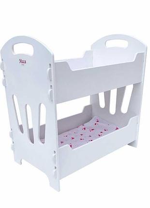 Двухъярусная деревянная кроватка для кукол мася 8002 белого цвета с постельным бельём