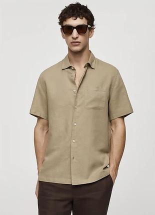 Чоловіча льон котон сорочка рубашка короткий рукав з кишенею базова трендова бежева acw85 xxl