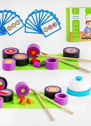 Деревянный сортер «суши» с 46973 с 24 роллами, звонком, карточками с заданиями, ковриками и палочками в