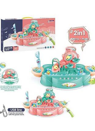 Развлекательный набор для ловли рыбы с 6 рыбками, удочкой и сачком, 2 цвета, звуки и истории на английском,