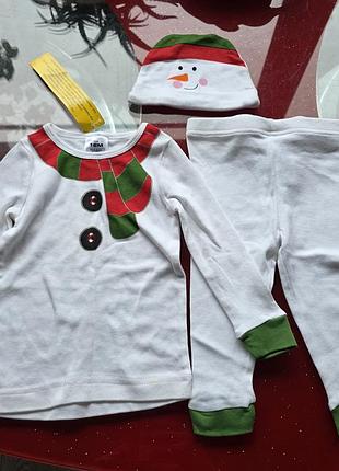 Набір піжама хлопчику 9-12-18 м 74-80-86 см костюм сніговик реглан штани шапочка