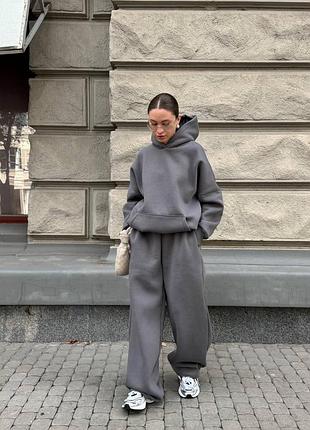 Теплый зимний спортивный костюм на флисе худи с капюшоном карманом кенгуру оверсайз брюки с высокой посадкой на резинке
