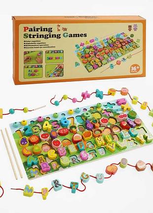 Логический набор из дерева c 67048 (20) буквы, сортер, цифры, шнуровка, шарики, палочки, в коробке