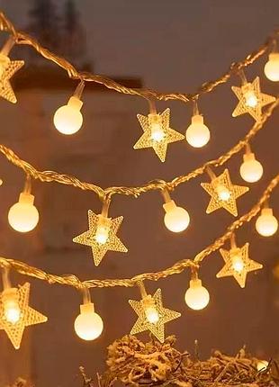 Гирлянда звезды+шары white, 40шт, 6 метров, прозрачная изоляция, питание 3*аа