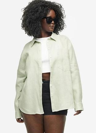 Женская фисташковая льняная рубашка рубашка блузка бренд h&amp;m, р.м