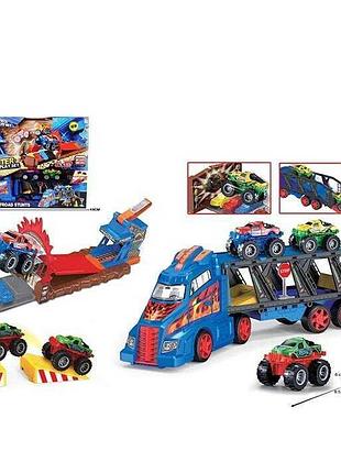 Трейлер ds 074 (12/2) з 5 металопластиковими машинками, трампліном та дорожніми знаками в коробці