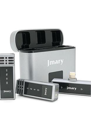 Петличный беспроводной микрофон jmary mw-15 (2шт)+ кейс, разъем lighting, встроенный аккумулятор 70 mah, silver, box