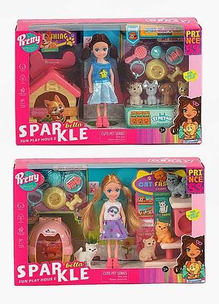 Кукла 7018 (48) с четырьмя питомцами и аксессуарами в коробке, 2 варианта, высота 13 см