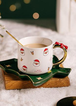 Кружка з блюдцем та ложкою дід мороз 9005 220 мл