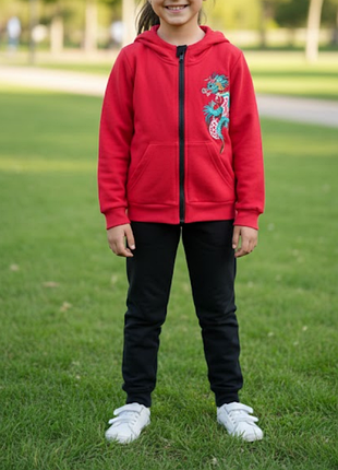 Костюм на девочку 5 6 7 лет красный спортивный теплый на флисе осенний зимний черный кофта худи на молнии с капюшоном 122 рост