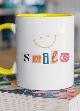 Чашка керамічна з принтом "smile" 330 мл, біла з жовтою ручкою