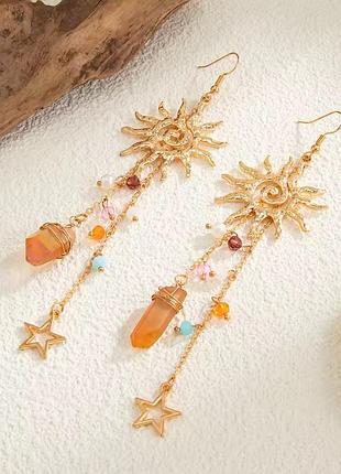 Сережки з підвісками сонце зірки натуральне каміння чеський бісер
