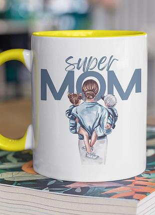 Чашка керамічна з принтом "super mom" 330 мл, біла з жовтою ручкою