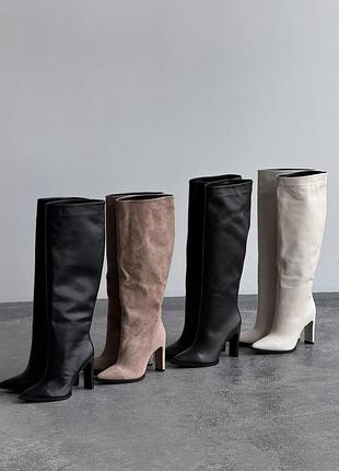 Теплые зимние кожаные замшевые сапоги трубы на каблуке