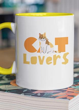 Чашка керамическая с принтом "cat lovers" 330 мл, белая с желтой ручкой