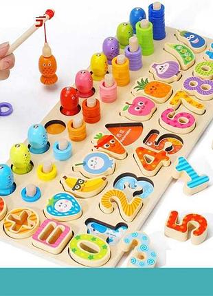 Развивающая деревянная доска с 74627 с вкладышами, цифрами, фруктами и овощами
