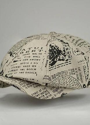 Хуліганка преміальна восьмикутна кепка літо ​​матеріал 100% натуральний льон колір молочний, принт газета xxl