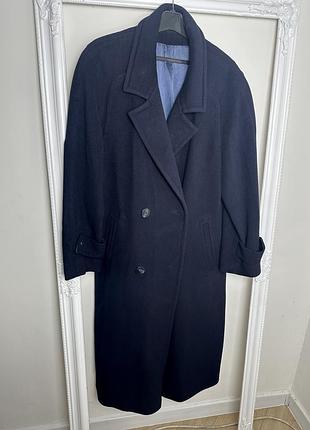 Синє довге вовняне кашемірове двобортне пальто