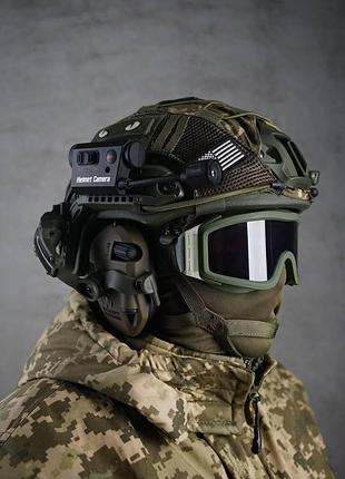 Комплект каска кевларовое масло fast,крипление, наушники walker’s razor slim, защитные очки, кавер мультикам и экшн камера l