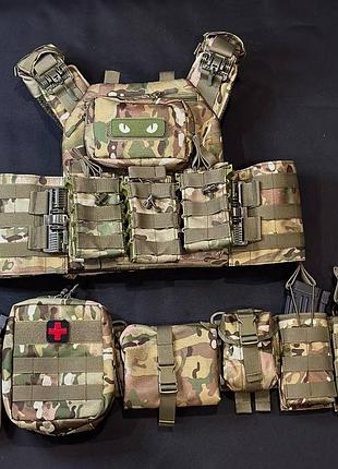 Комплект плитоноска быстрого сброса с боковыми карманами + рпс и 10 подсумков олива