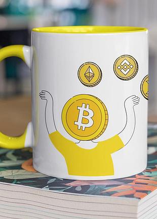 Чашка керамічна з принтом "криптовалюта" 330 мл, біла з жовтою ручкою