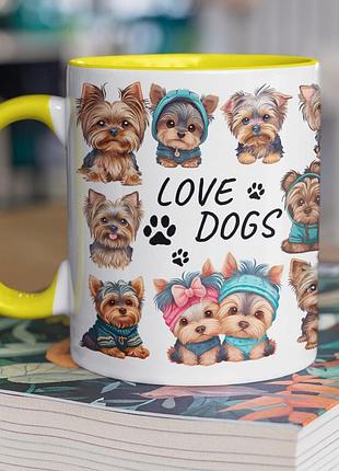 Чашка керамическая с принтом "love dogs" 330 мл, белая с желтой ручкой