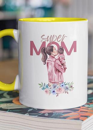 Чашка керамічна з принтом "super mom" 330 мл, біла з жовтою ручкою