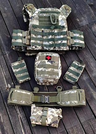 Комплект плитоноска быстрого сброса с боковыми карманами + рпс и 6 подсумков + напашник мультикам