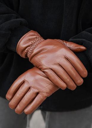 Мужские кожаные теплые зимние сенсорные перчатки варежки 1-59 without tomy brown