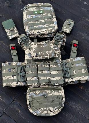 Комплект плитоноска быстрого сброса с боковыми карманами + надушник+ и 7 подсумков олива