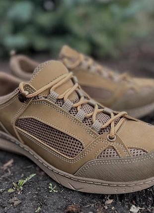 Тактические летние кожаные кроссовки вставка сетка койот
