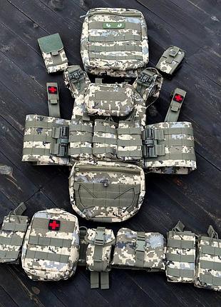 Комплект плитоноска быстрого сброса с боковыми карманами + надушник + рюкзак и 12 подсумков