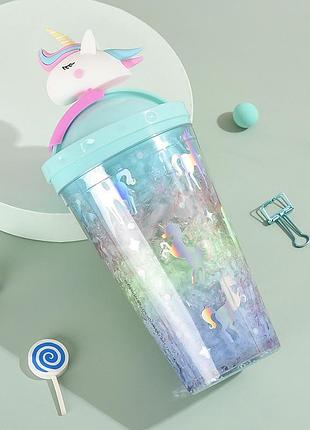 Склянка з трубочкою єдиноріг 7386 450 мл бірюзовий