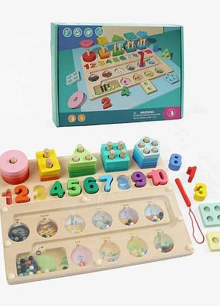 Развивающая деревянная игрушка c 74580 (24) 30х22.5х5 см с геометрическими фигурами, цифрами и магнитными
