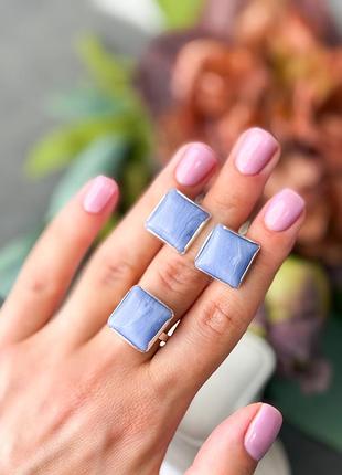 Женский комплект украшений из серебра 925 пробы с натуральным агатом: серьги и кольцо