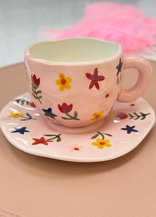 Кружка з блюдцем квіткова рожева, 300 мл