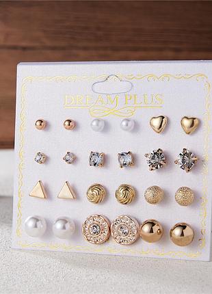 Серьги-гвоздики, набор 12 пар, бусинки, стразы, сердечки, треугольники, 11 мм - 5 мм, 12 пар