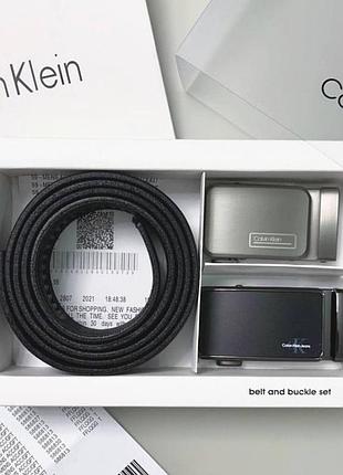 Мужской кожаный ремень автомат черный calvіn klеin брендовый пояс с двумя сменными пряжками в подарок люкс