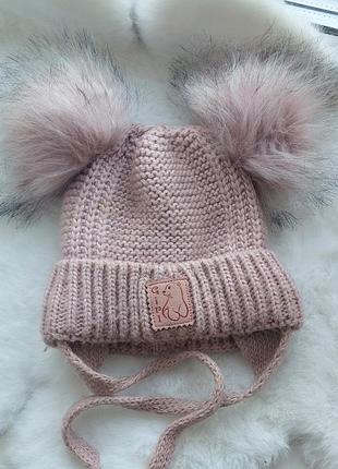 🩷зимняя вязаная шапка на флисе на 1- 2 года